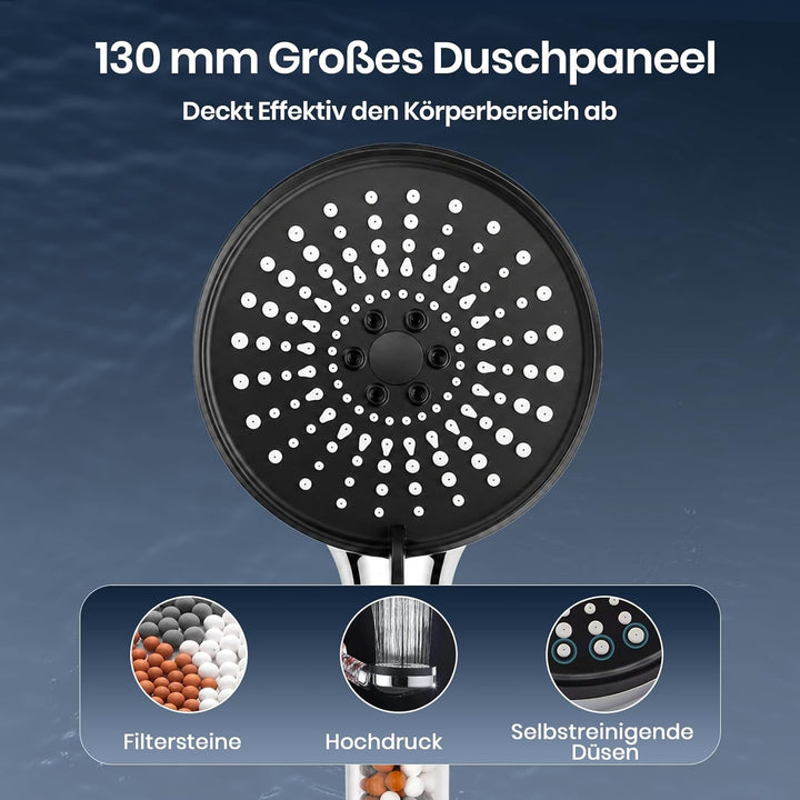 Duschkopf mit Schlauch Hartwasserfilter 1,5m Hochdruck Grosse Scheibe | Mit 5 Sprühmodi für niedrige