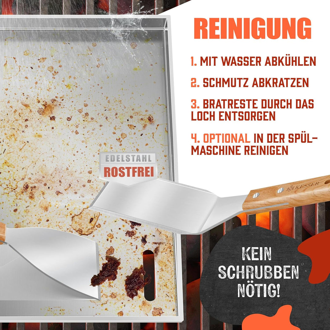 KESSER® Grillplatte Plancha aus Edelstahl 40x30cm rostfrei mit Fettablauf, hitzebeständig bis 800°C