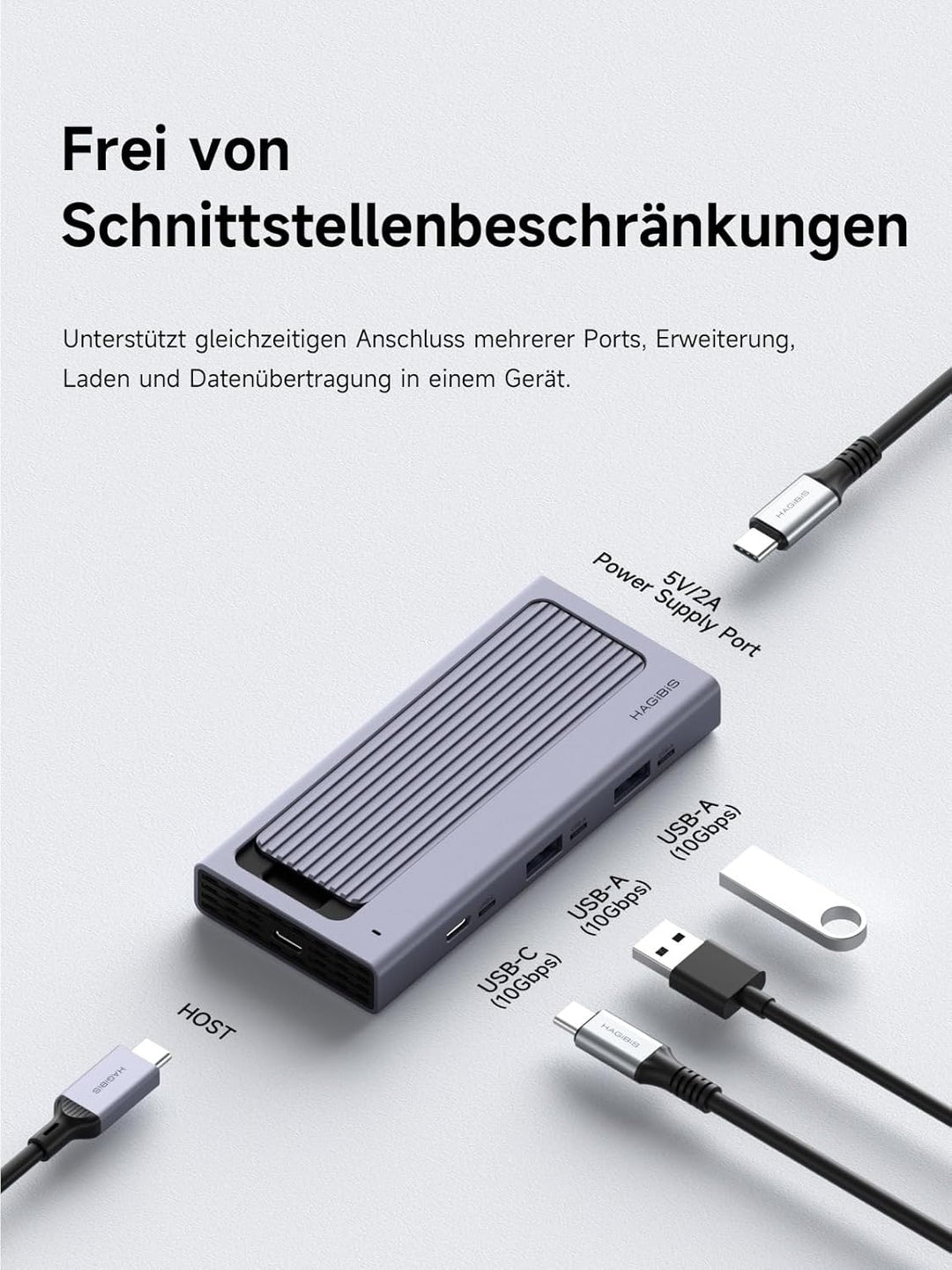 Hagibis USB-C-Hub mit M.2-SSD-Gehäuse, magnetische Abdeckung, einfache Demontage, externes Festplatt