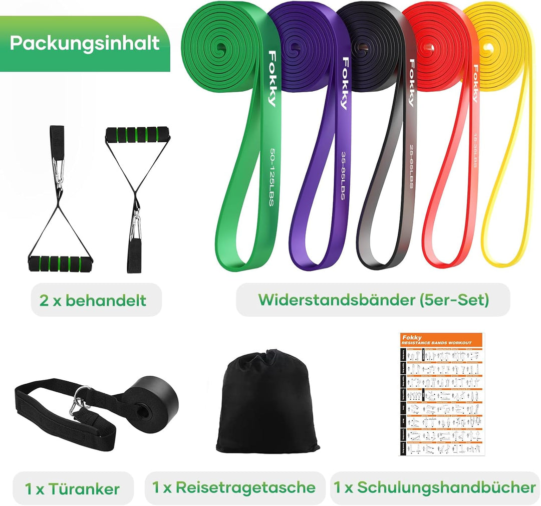 Fokky Fitnessbänder 5 Set, Widerstandsband Resistance Bands Set in 5 Stärke, Fitnessband mit Türanke