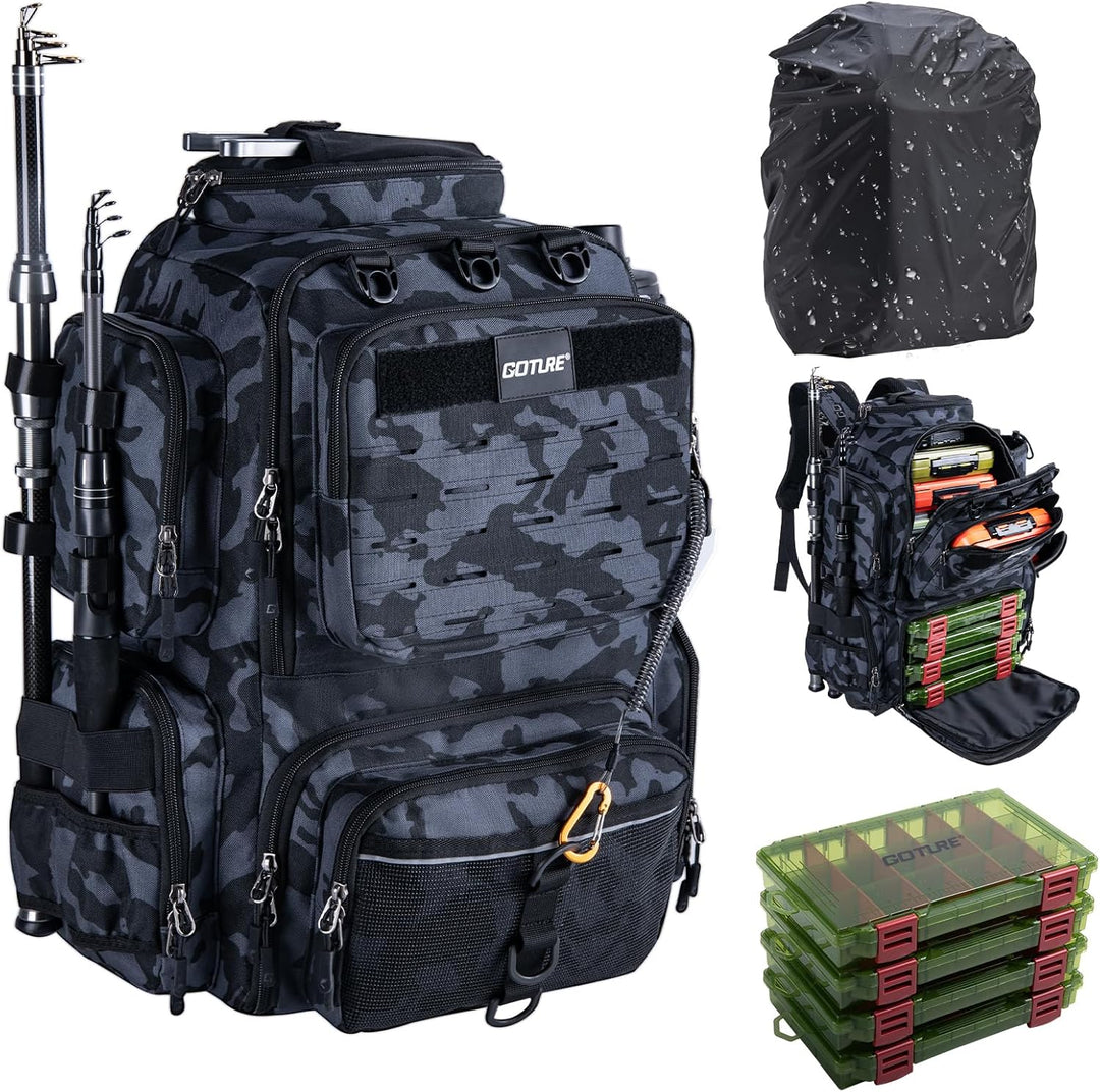 Goture Angelrucksack mit 4 Köderbox Angeln, 45-Liter Angelzubehör-Rucksack mit Zwei Rutenhaltern und