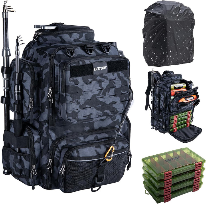 Goture Angelrucksack mit 4 Köderbox Angeln, 45-Liter Angelzubehör-Rucksack mit Zwei Rutenhaltern und