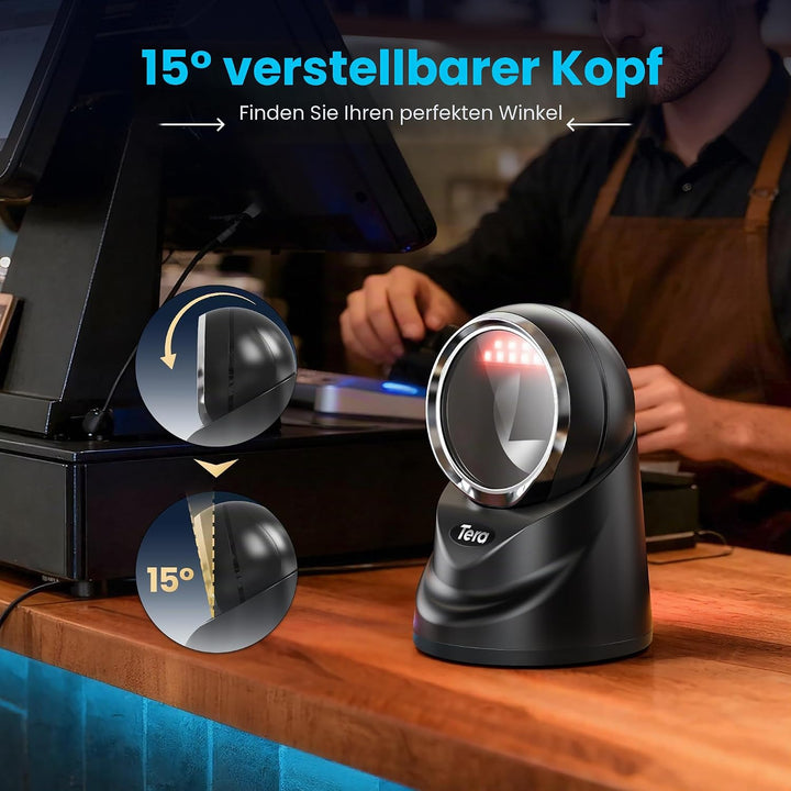 Tera Pro 2D QR Desktop Barcode Scanner Omnidirektional Einstellbarer Scankopf, USB Wired Handsfree P