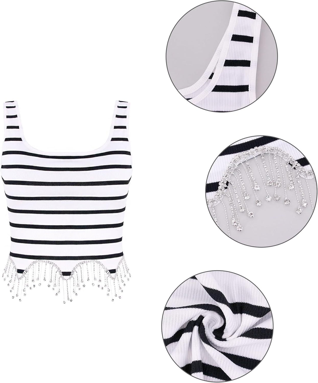 Naimo Damen Crop Top mit Strass Fransen Ärmellos Geripptes Tank Top Sexy Weste Slim Fit Cropped Ober