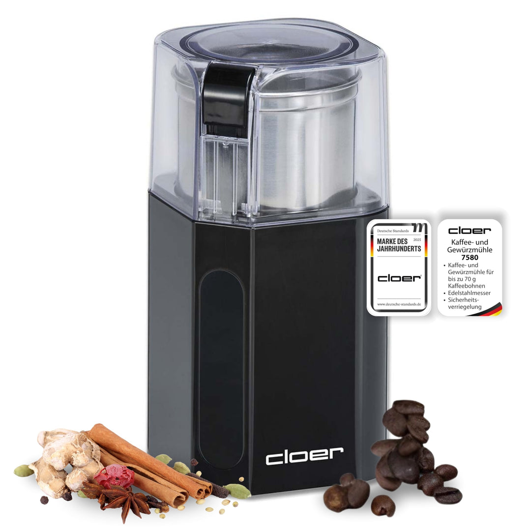 Cloer 7580 Elektrische Kaffee-und Gewürzmühle, 200 W, für Pesto, Nüsse und Getreide, bis zu 70 g Kaf