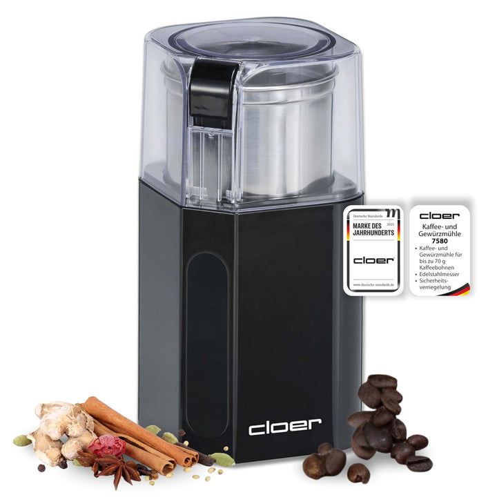 Cloer 7580 Elektrische Kaffee-und Gewürzmühle, 200 W, für Pesto, Nüsse und Getreide, bis zu 70 g Kaf