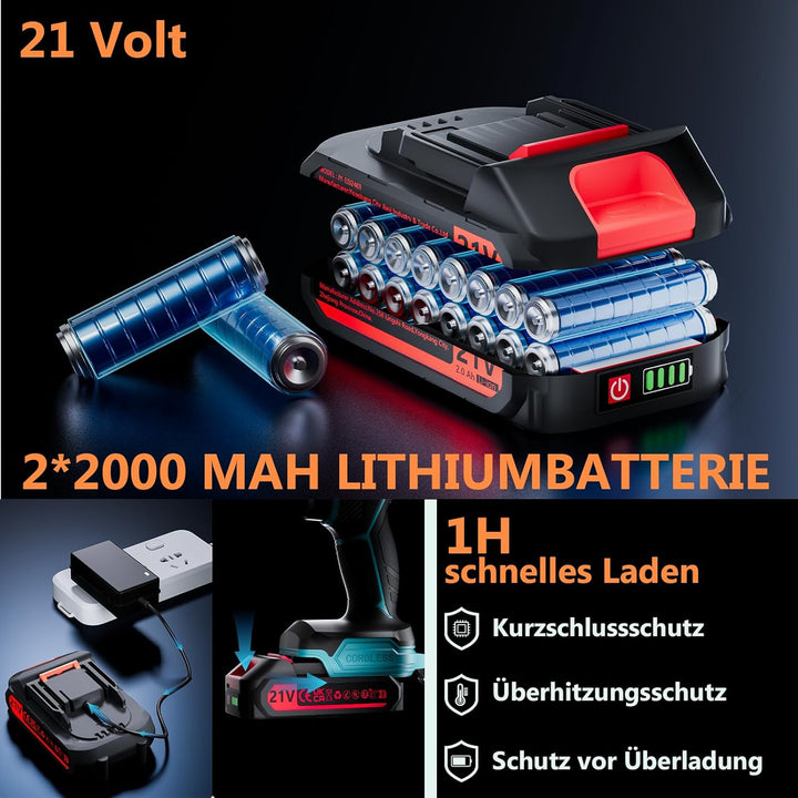 Olubfdh Akkuschrauber mit Akku 4000mAh mit 2 Akkus 21V 2,0Ah und Ladegerät, 45Nm Drehmoment Max 25+3