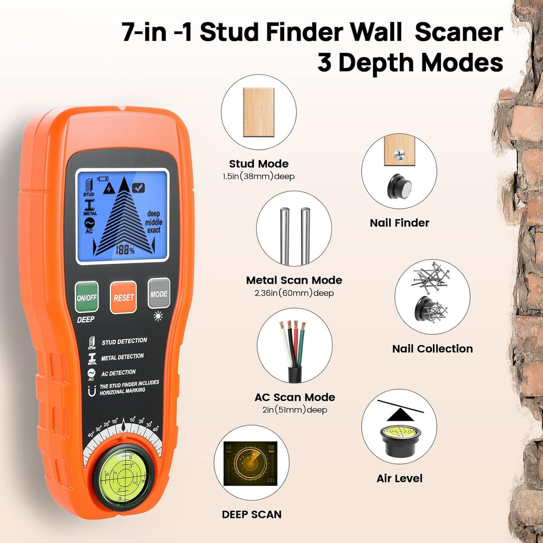 7-in-1 Leitungssuchgerät Leitungssucher Wandscanner mit 3 Holz-Modi, Metall,AC,Wasserwaage + Nail Fi