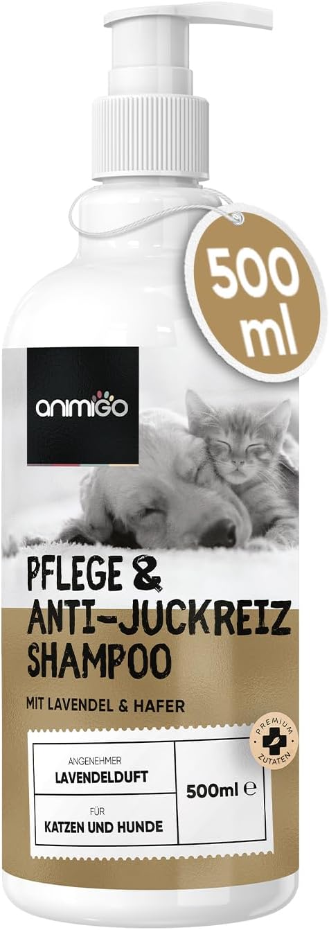 animigo Pflege & Anti-Juckreiz Shampoo - Für Haut, Fellpflege, Juckreiz - 500ml Hunde & Katzenshampo