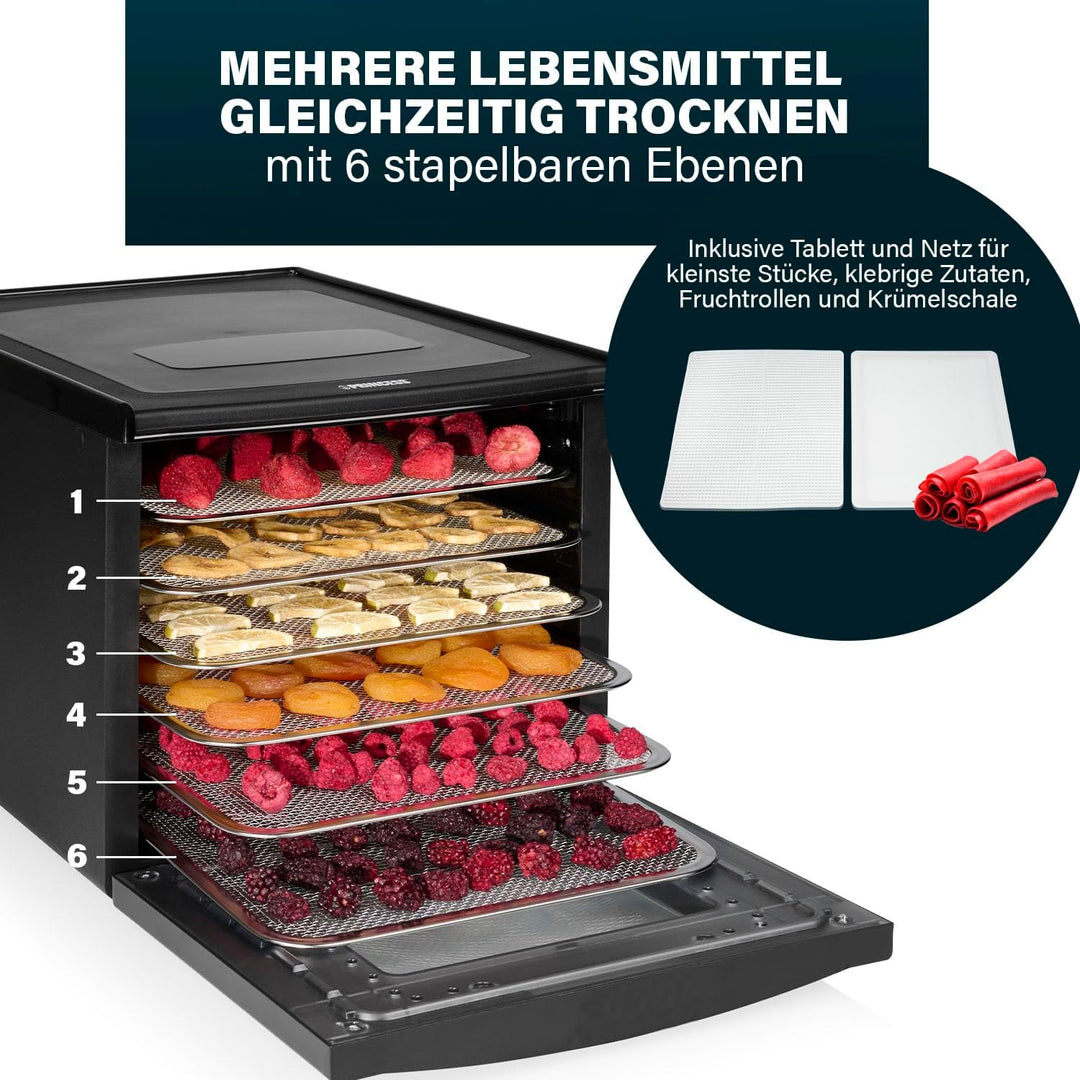 Princess Food Dehydrator mit 6 Edelstahl-Einschüben, Einstellbare Temperatur, Touchscreen, Timer bis