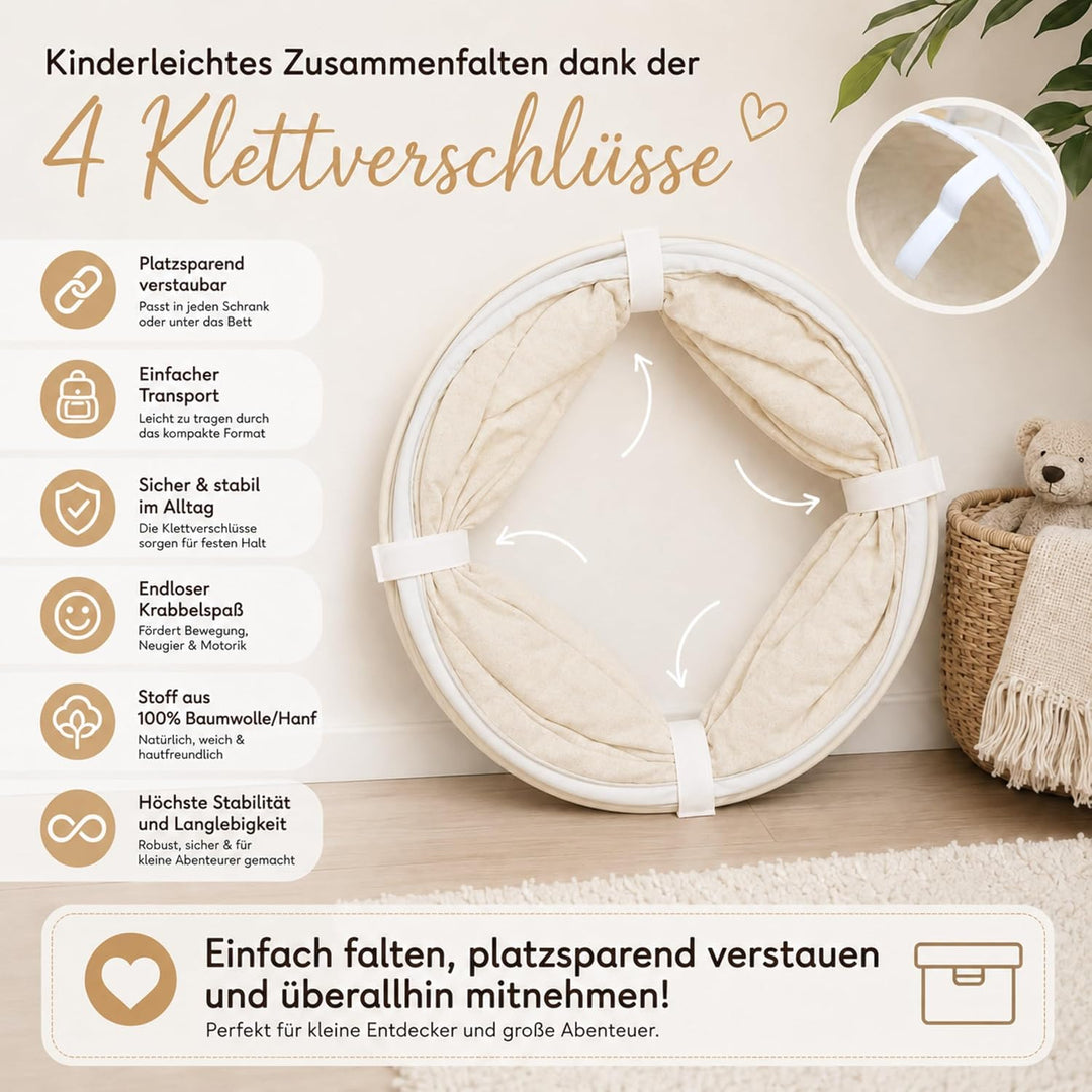 LIONHERZ® Spieltunnel für Kinder aus Baumwolle/Hanf mit Klettverschlüssen [180cm x 46cm] Krabbeltunn