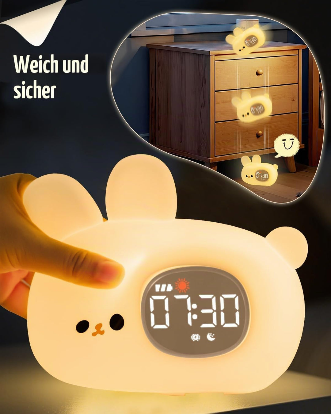 Yiliaw Hasen Kinderwecker mit Nachtlicht – Schlaftrainer & Aufwachuhr, wiederaufladbare Silikonlampe
