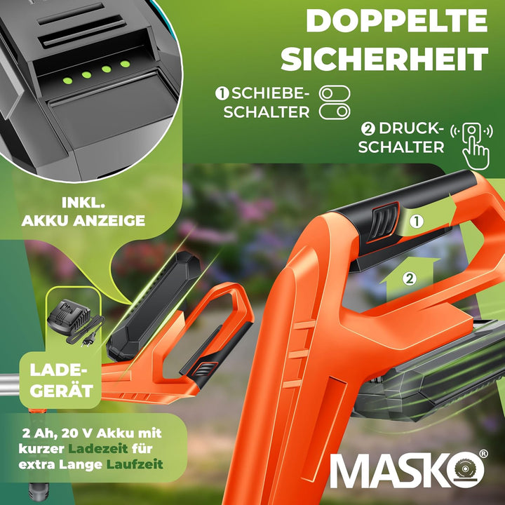 MASKO® Akku-Rasentrimmer mit 20 V Li-Akku, 2,0 Ah Akku und Ladegerät, Motorsense 26 cm Schnittkreis,