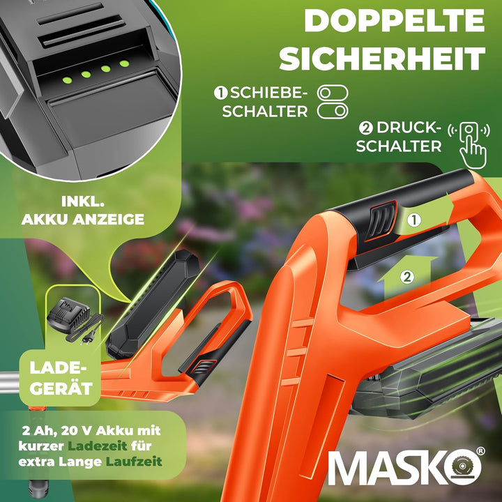 MASKO® Akku-Rasentrimmer mit 20 V Li-Akku, 2,0 Ah Akku und Ladegerät, Motorsense 26 cm Schnittkreis,