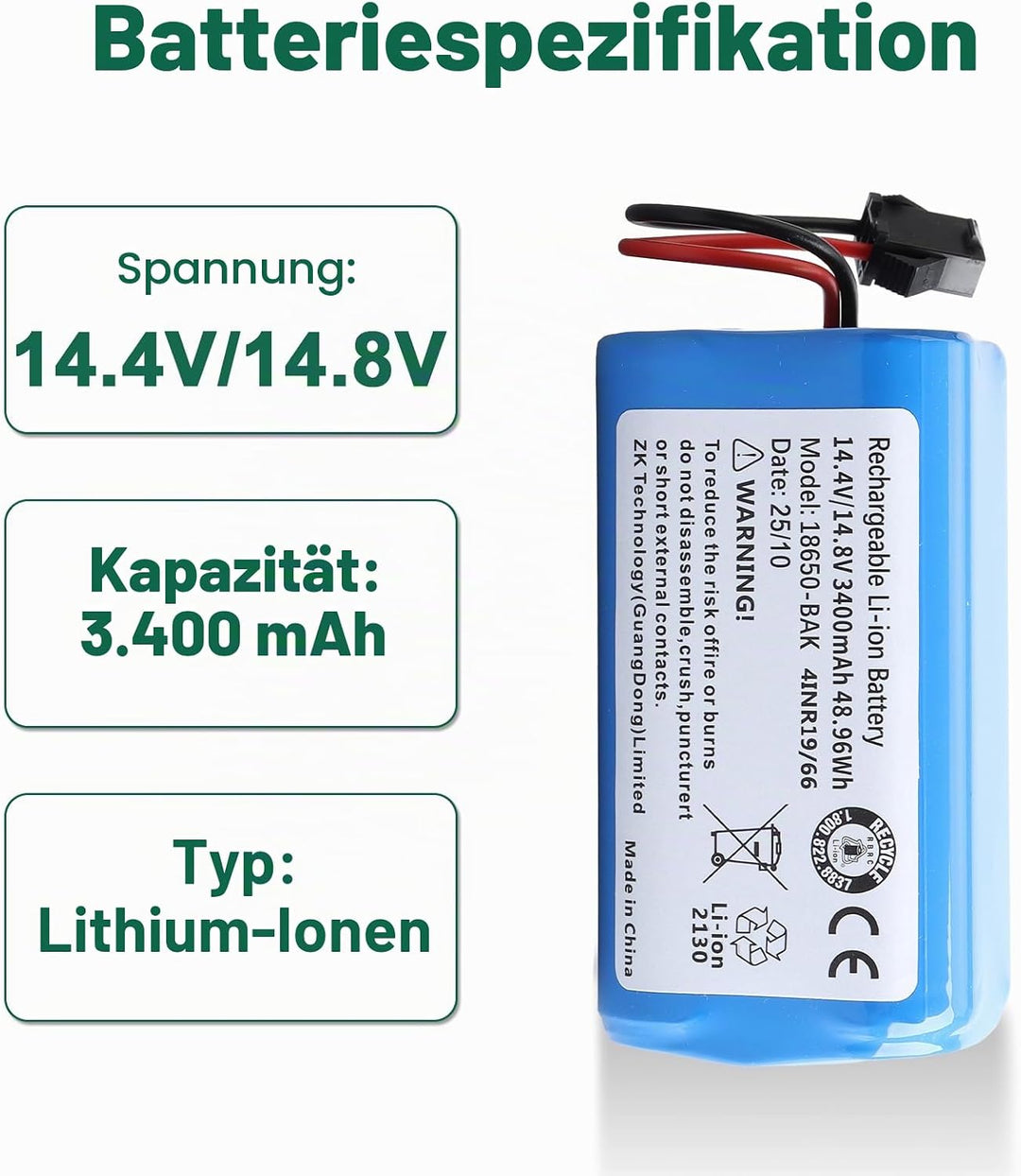 14.4V/14.8V 3400mAh Ersatzakku Kompatibel mit Lefant T700/M210P/M1 Venga VG RVC 3000 Robot Vacuum Cl
