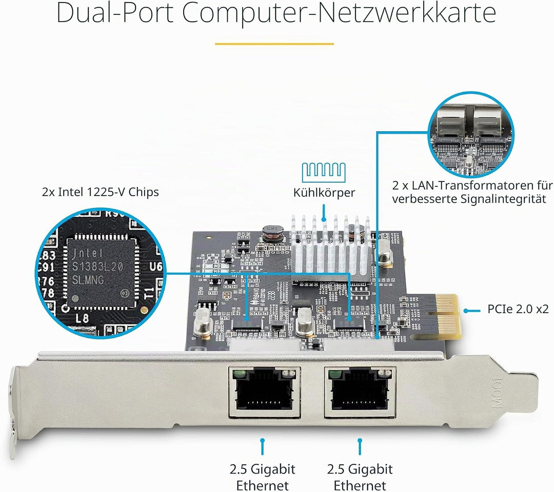StarTech.com 2-Port 2.5 Gbit PCIe Netzwerkkarte, Intel I225-V, Dual-Port Computer LAN Karte, Multi-G