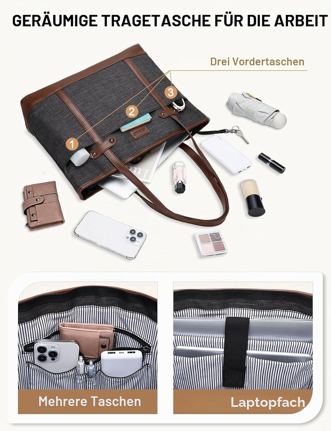RAVUO Laptoptasche Damen, Wasserdichte Handtasche Elegant Lehrertasche Gross Aktentasche 15.6 zoll L