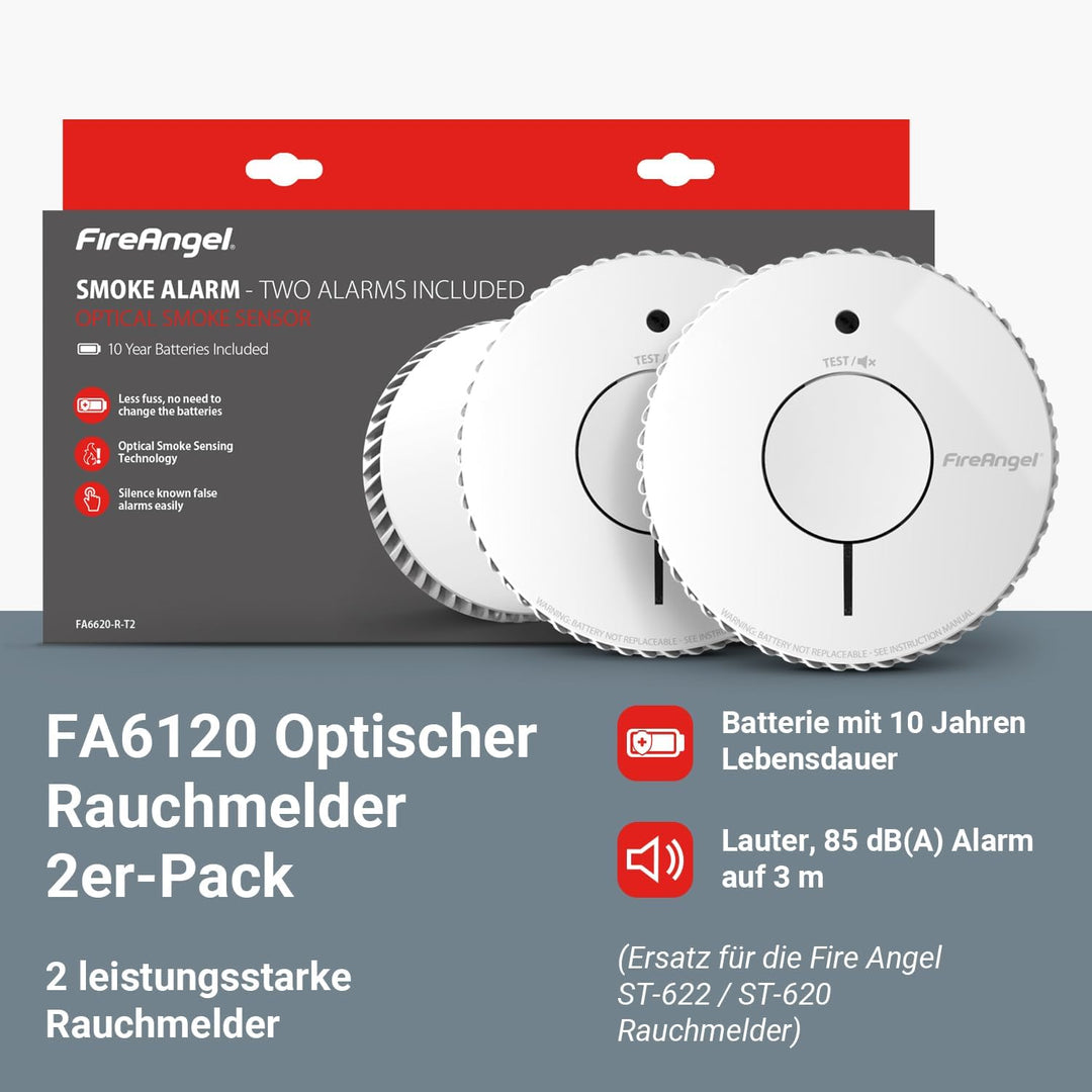 Fire Angel Optische Q-Label Rauchmelder mit 10-Jahres-Batterie, FA6120-INT-T2 (ST-622 / ST-620 Ersat