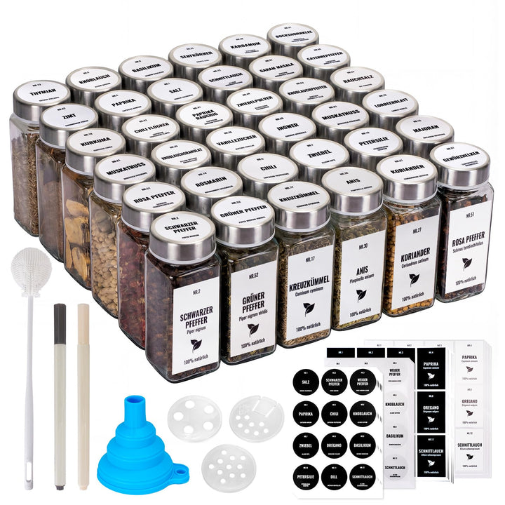 Gewürzgläser Eckig Set Mit Edelstahl Deckel (36 X 120ml), Gewürzstreuer Mit Etiketten Auf Deutsch, O