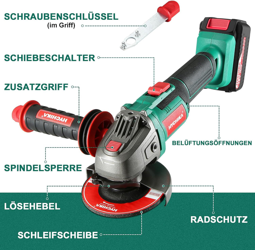Winkelschleifer, HYCHIKA 18V Akku-Winkelschleifer 8500 U/min mit 3 Schleifscheiben, 4,0-Ah-Akku, Hil