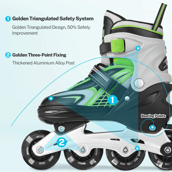 Gonex Inliner für Kinder, Inline Skates für Mädchen Jungen mit Leuchtende Räder Einstellbarer Grün S