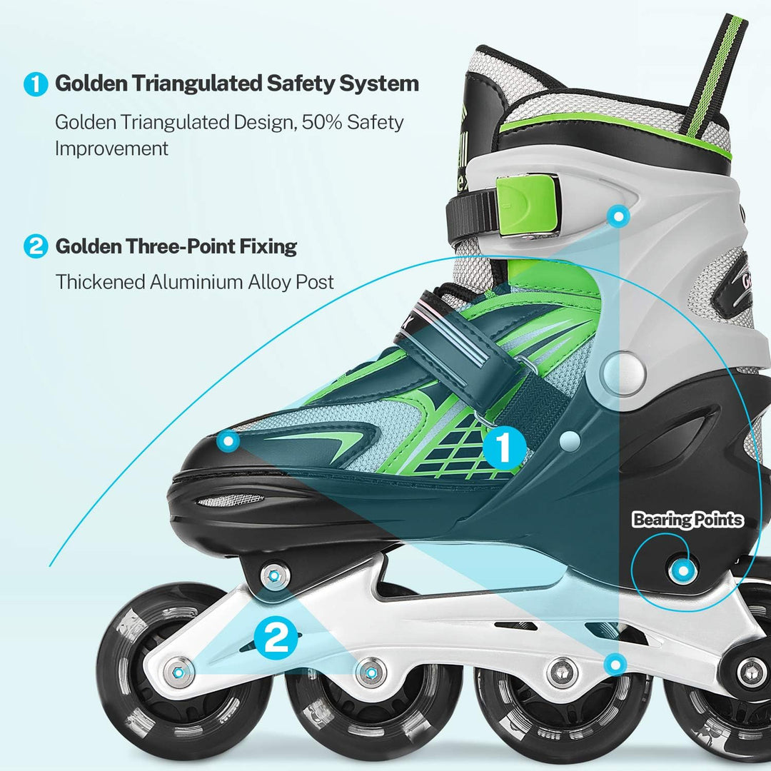 Gonex Inliner für Kinder, Inline Skates für Mädchen Jungen mit Leuchtende Räder Einstellbarer Grün M
