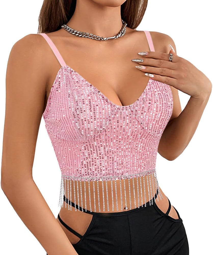 Naimo Damen Glitzer Pailletten Crop Top Ärmellos V-Ausschnitt Tank Tops Weste Sparkle Camisole Bluse