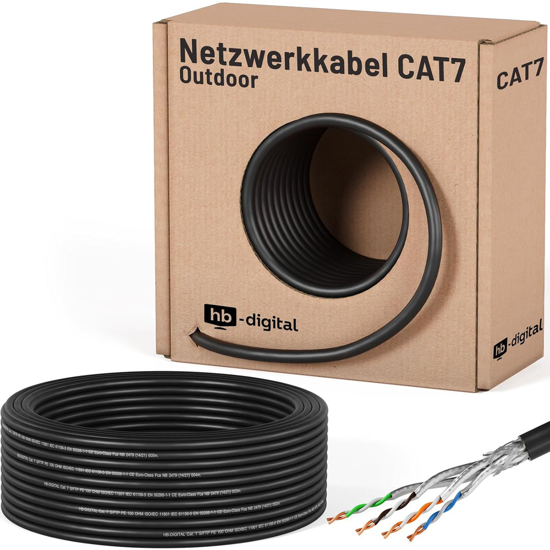 HB-DIGITAL 25m Cat 7 Verlegekabel Outdoor schwarz AWG23/1 PE S/FTP doppelt geschirmt PIMF Reines Kup