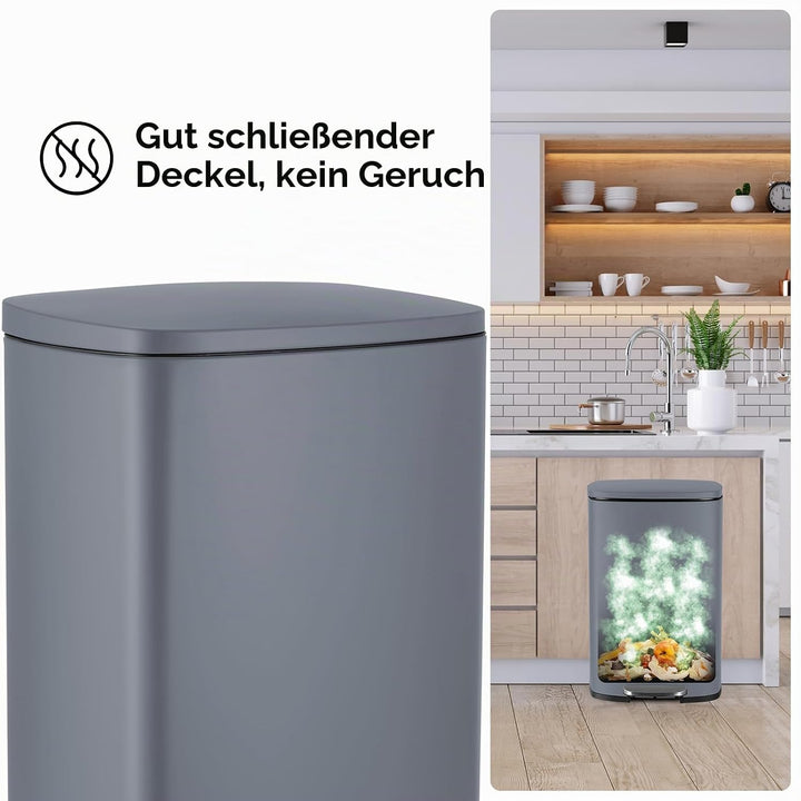 LIFERUN Mülleimer 50l aus Edelstahl, Abfalleimer mit Deckel, Soft-Close Tretmülleimer, Grosser Trete