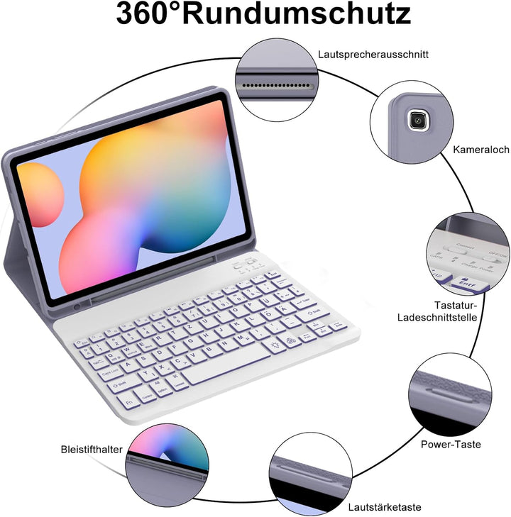 Tastatur Hülle für Samsung Galaxy Tab S6 Lite 10,4 Zoll 2024/2022/2020, 7 Farben Beleuchtung, Keyboa