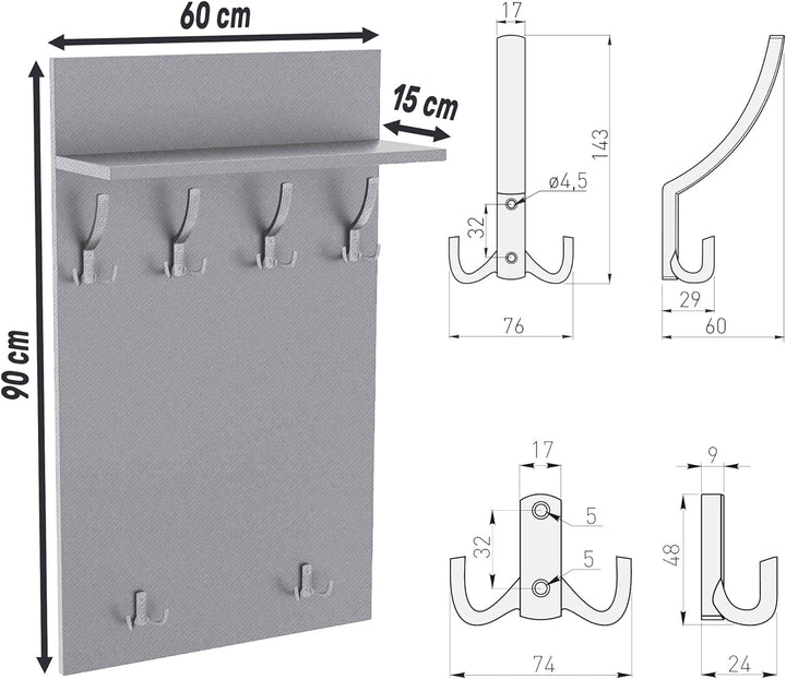 AKKE 90x60 | MAXI Garderobenpaneel Wandgarderobe Garderobe Wandpaneel Kleiderstange ALUMINIUM | SCHW