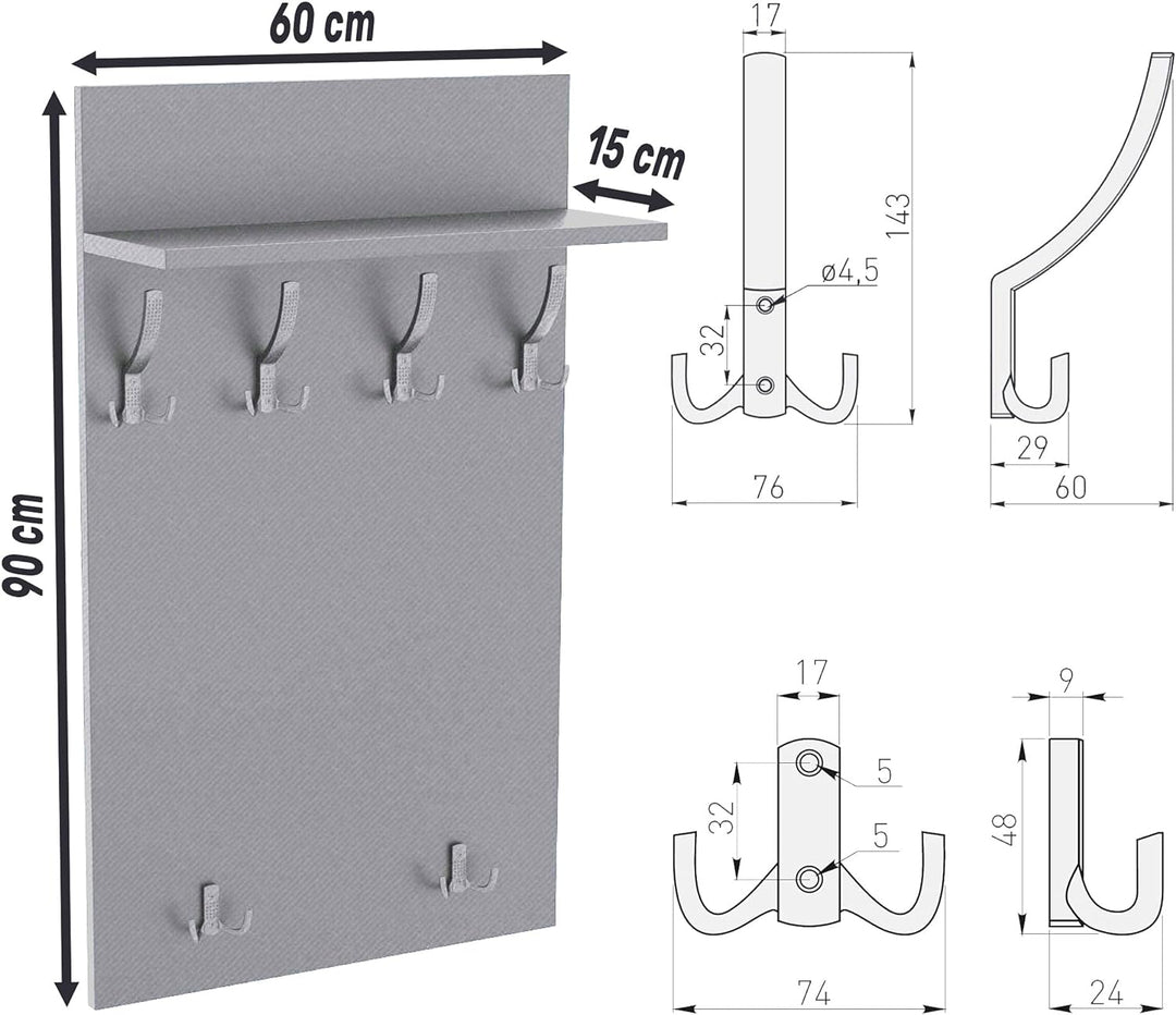AKKE 90x60 | MAXI Garderobenpaneel Wandgarderobe Garderobe Wandpaneel Kleiderstange ALUMINIUM | WHIT