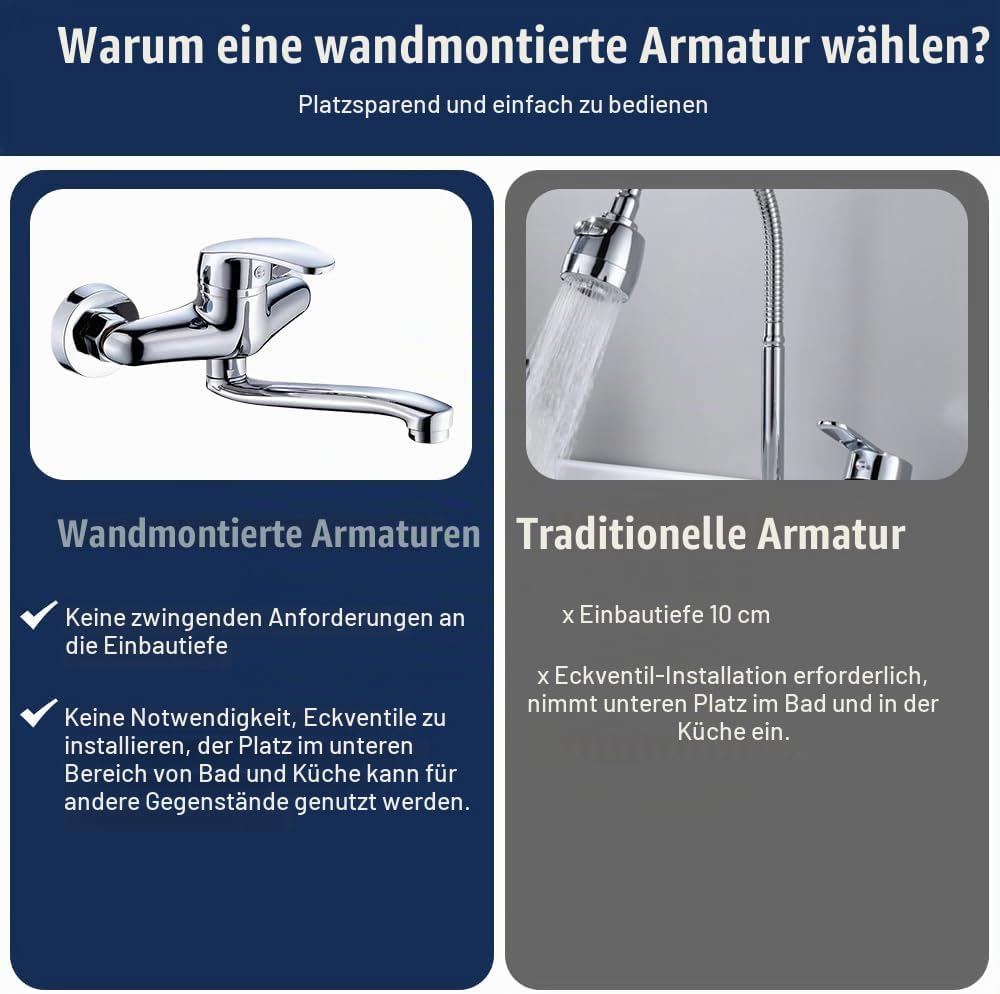 360° Drehbare Wasserhahn Küche Wandmontage, Kalt und Heiss Edelstahl Wasserhahn Küche Wandarmatur, W