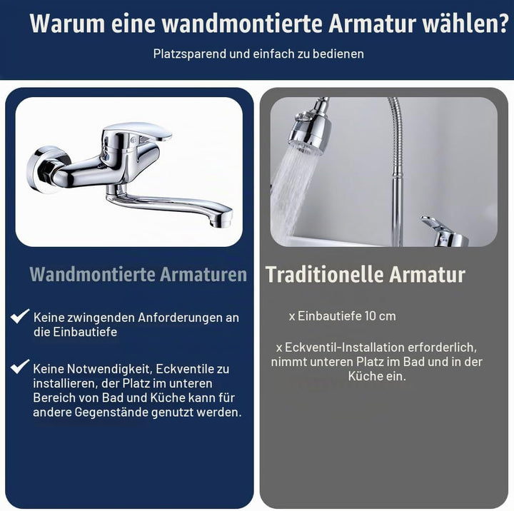 360° Drehbare Wasserhahn Küche Wandmontage, Kalt und Heiss Edelstahl Wasserhahn Küche Wandarmatur, W