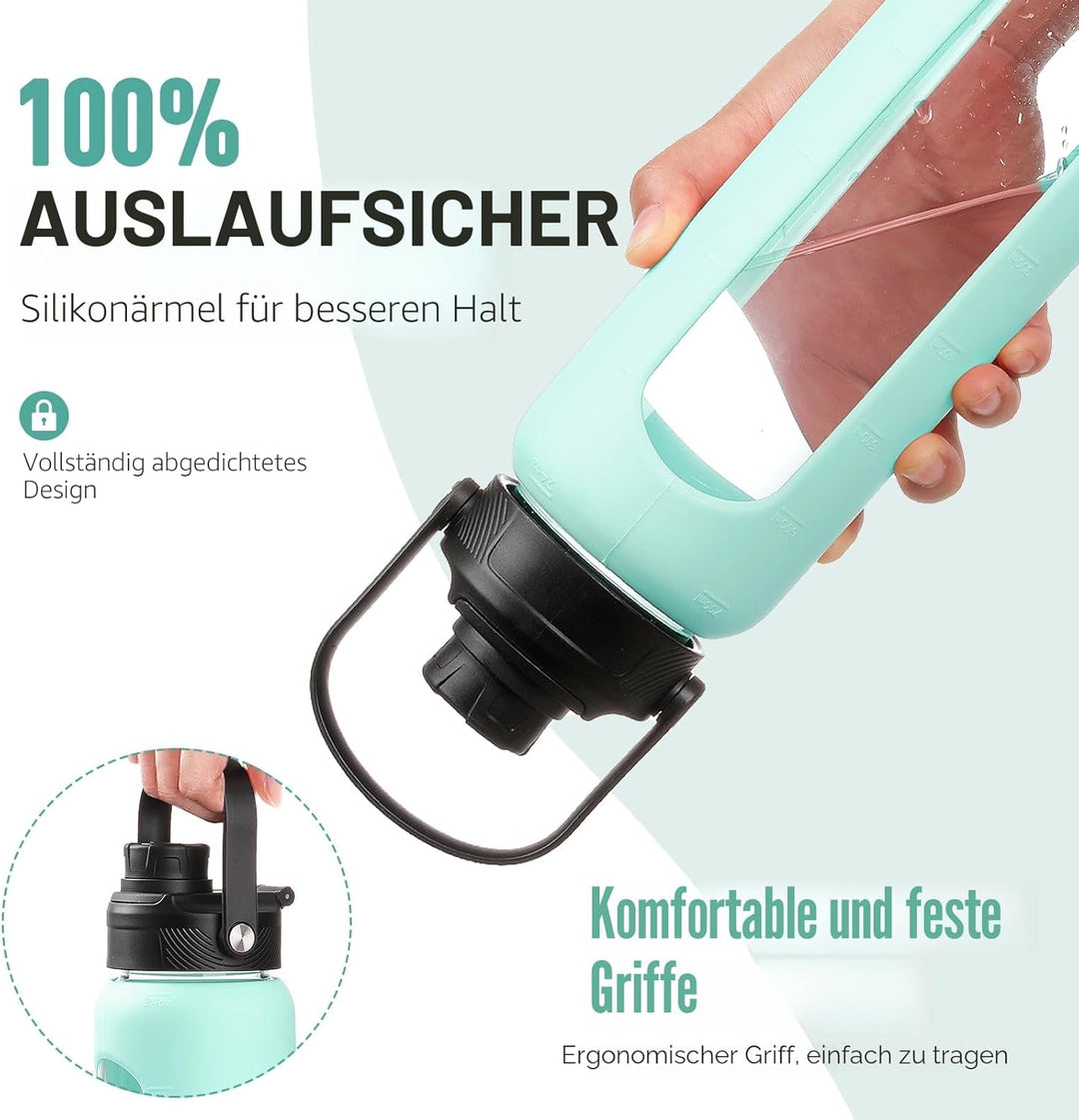 BLUEGO 700ml Glaswasserflasche mit Strohhalm und 2 Deckeln Kaffeetasse aus Glas mit Zeitmarkierung u