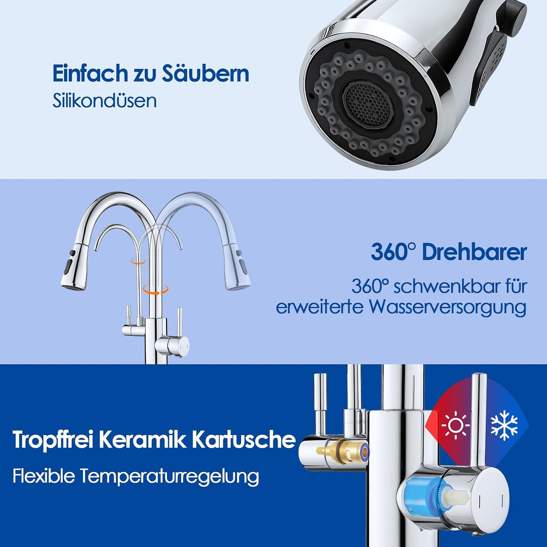 ROVOGO Chrom 3 Wege Wasserhahn Küche mit Filter, Küchenarmatur Hochdruck mit Brause Ausziehbar, 360°