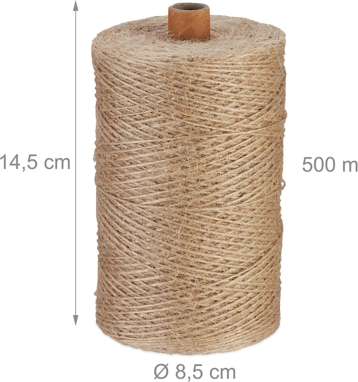 Relaxdays Juteschnur 1 mm, 2 Rollen Jutegarn je 500 m, biologisch abbaubar, Basteln, Garten, Verpack