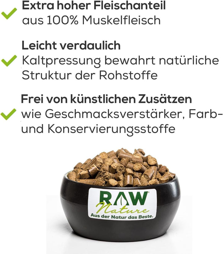 RAW Nature Trockenfutter Adult mit Ente 1kg, kaltgepresstes Hundefutter, Getreidefrei, 100% Muskelfl