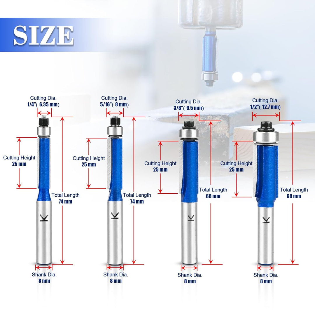 NICAVKIT 4 Stück Bündigfräser 8mm Schaft,Blauer Bündigfräser Fräser Set, Doppelseitiger Fräser mit L