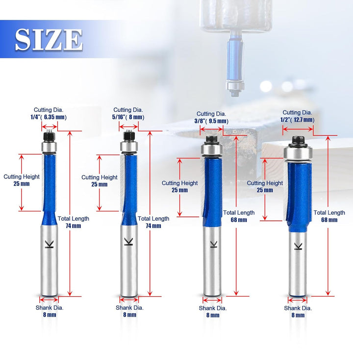 NICAVKIT 4 Stück Bündigfräser 8mm Schaft,Blauer Bündigfräser Fräser Set, Doppelseitiger Fräser mit L