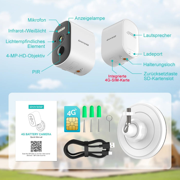4G Überwachungskamera Akku mit SIM Karte, 2.5K 5MP Kamera Ohne WLAN, Farb Nachtsicht, Bewegungserken