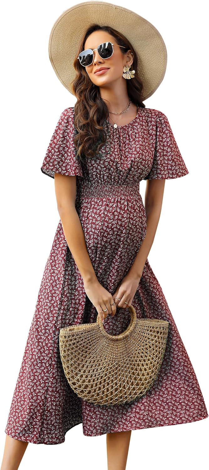 KOJOOIN Damen Umstandskleid Kurzarm Schwangerschafts Bedrucktes Kleid mit Rundhalsausschnitt und Rüs