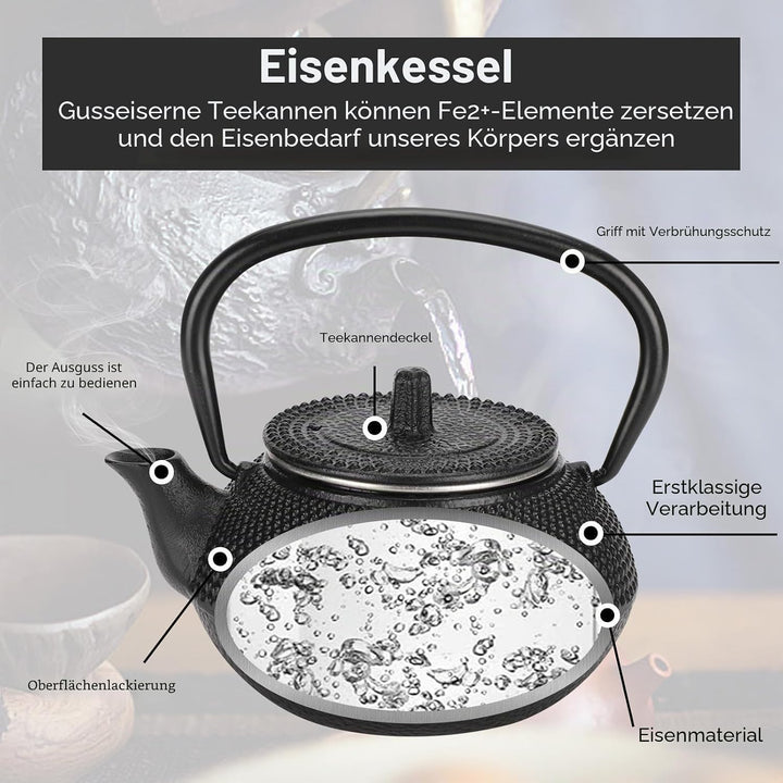 300 Ml Schwarze Gusseiserne Teekanne, Schwarz Teekanne Asiatisch Apanische Teekanne Gusseisen Mit Si