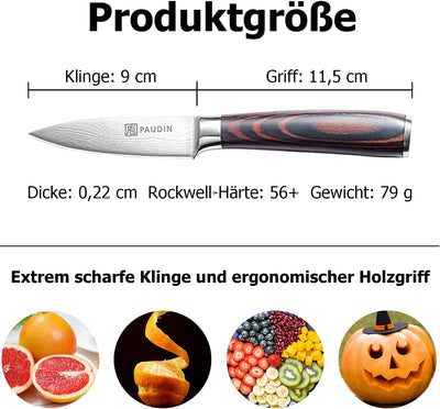 PAUDIN 9cm Gemüsemesser, Scharf Obstmesser Schälmesser Küchen Messer Ergonomischer Griff Deutscher E