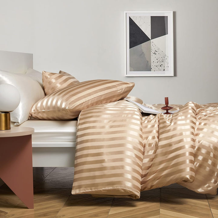 Damier Bettwäsche 200x200 Beige Satin Seidig Bettwäsche Set 3 teilig Luxus Glanzsatin gestreift Bett