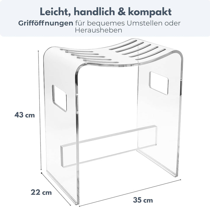 StarK Duschhocker aus klarem Acryl - 43 cm hoch - U-Form mit Ablauf-Schlitzen - rutschfest & rostfre
