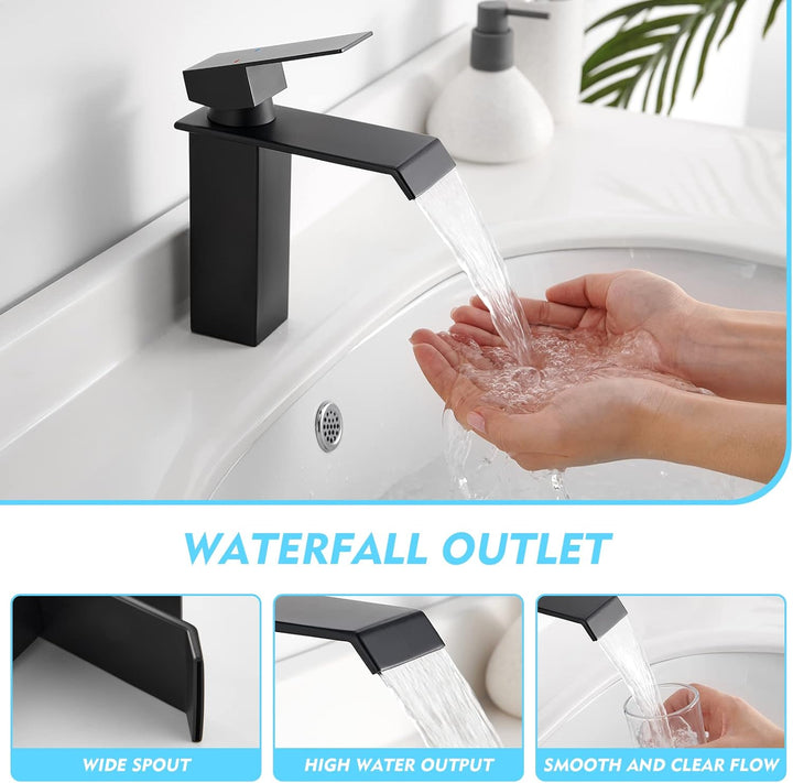 CREA Wasserhahn Bad Wasserfall, Waschtischarmatur mit Ablaufgarnitur, Mischbatterie Bad mit Wasserfa