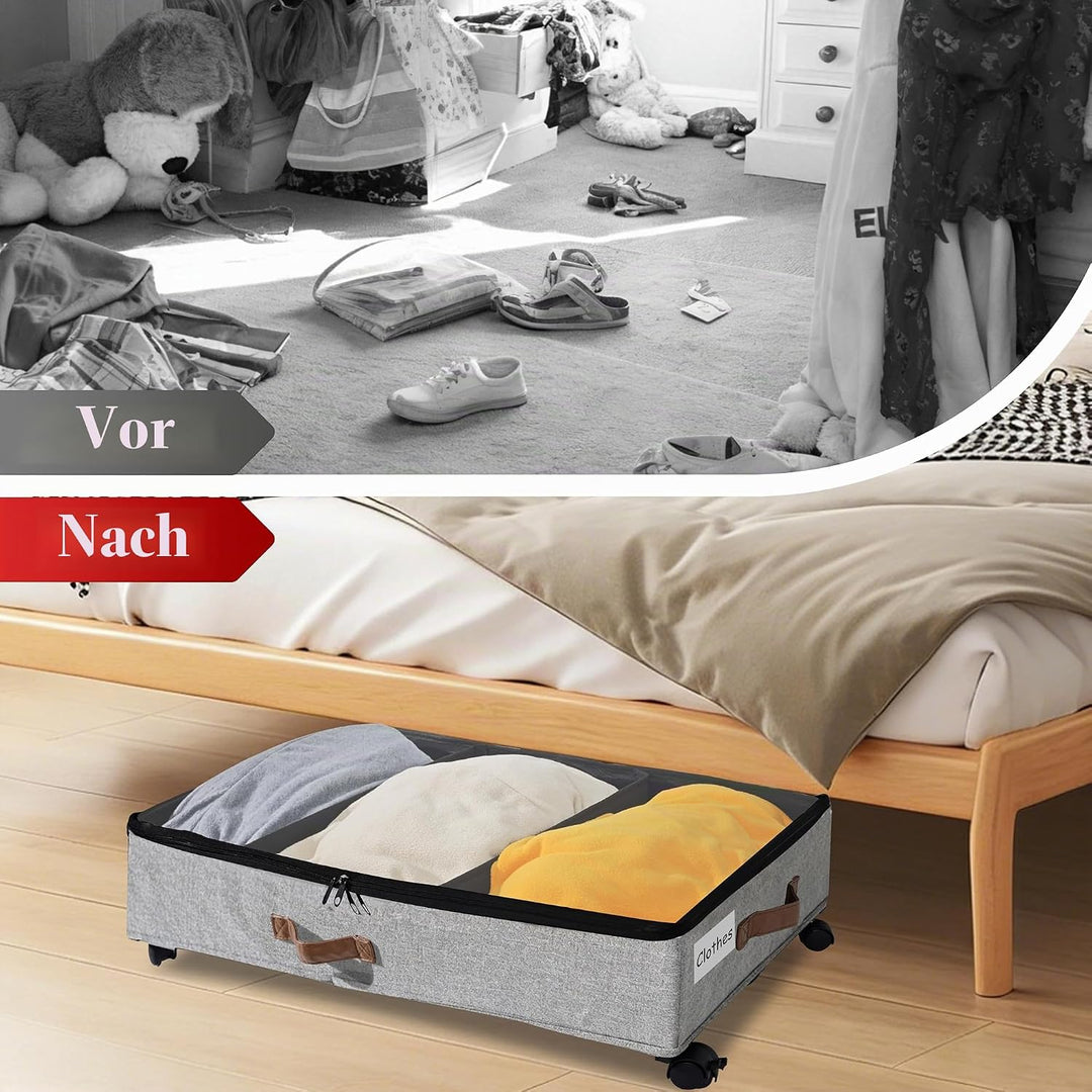 2 Stück Unterbett Aufbewahrungsbox 50L Unterbettkommode mit Rollen &amp; Verstellbar Trennwand Bettkaste