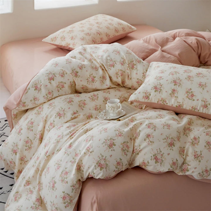 Freyamy Blumen Bettwäsche 135x200cm 2teilig Beige Rosa Grün Floral Mädchen Bettwaren-Sets Microfaser