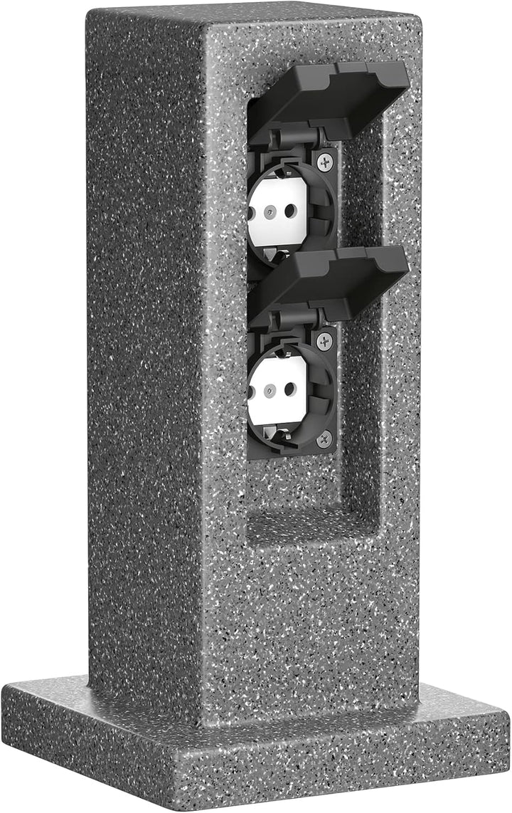 ledscom.de Garten Steckdosensäule POCK, Outdoor, IP44, 2-fach, anthrazit (Stein-Optik), eckig, 30 cm
